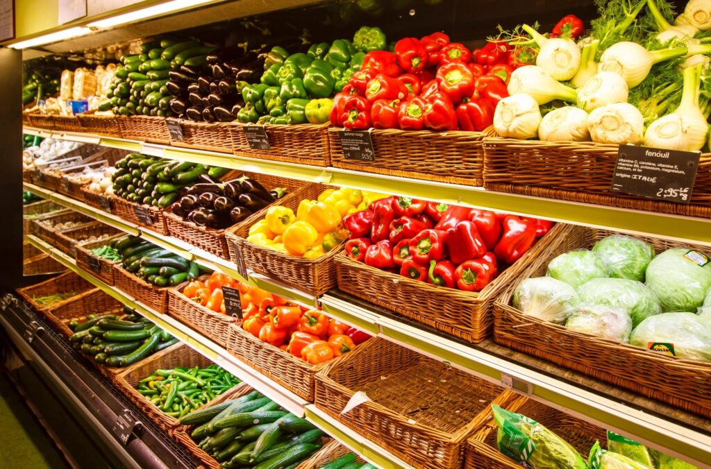 Vegetables aisle in a grocery store.